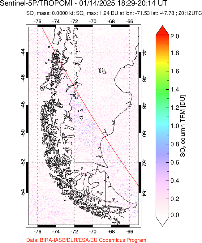 A sulfur dioxide image over Southern Chile on Jan 14, 2025.