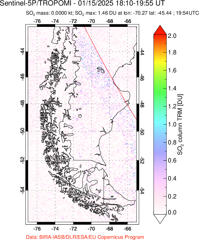 A sulfur dioxide image over Southern Chile on Jan 15, 2025.