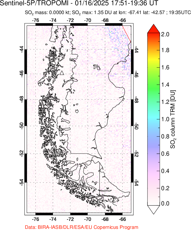 A sulfur dioxide image over Southern Chile on Jan 16, 2025.