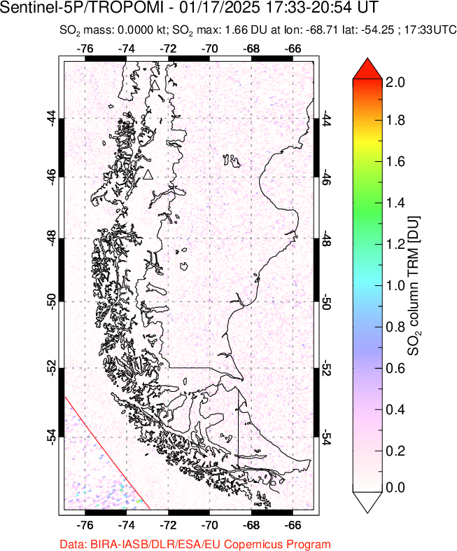 A sulfur dioxide image over Southern Chile on Jan 17, 2025.