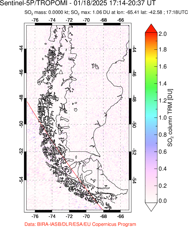 A sulfur dioxide image over Southern Chile on Jan 18, 2025.