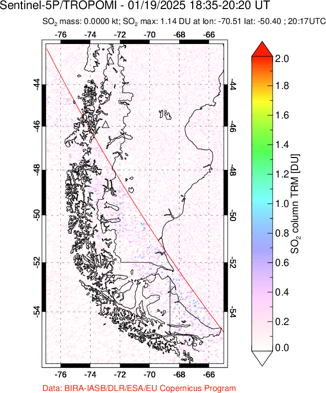 A sulfur dioxide image over Southern Chile on Jan 19, 2025.