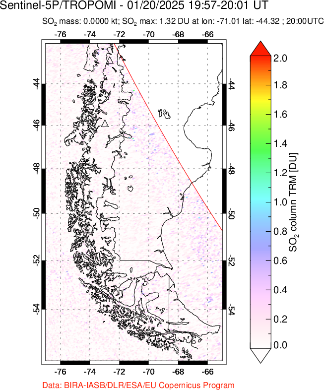 A sulfur dioxide image over Southern Chile on Jan 20, 2025.