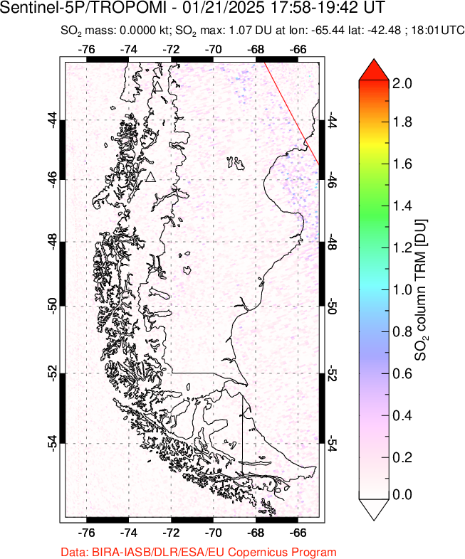 A sulfur dioxide image over Southern Chile on Jan 21, 2025.