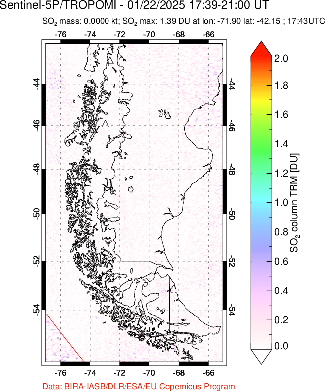 A sulfur dioxide image over Southern Chile on Jan 22, 2025.