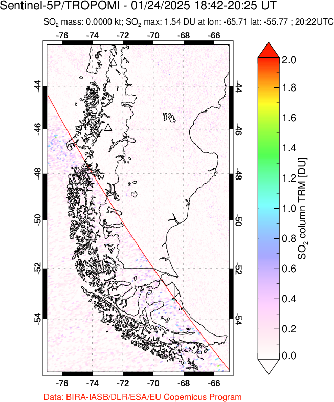 A sulfur dioxide image over Southern Chile on Jan 24, 2025.