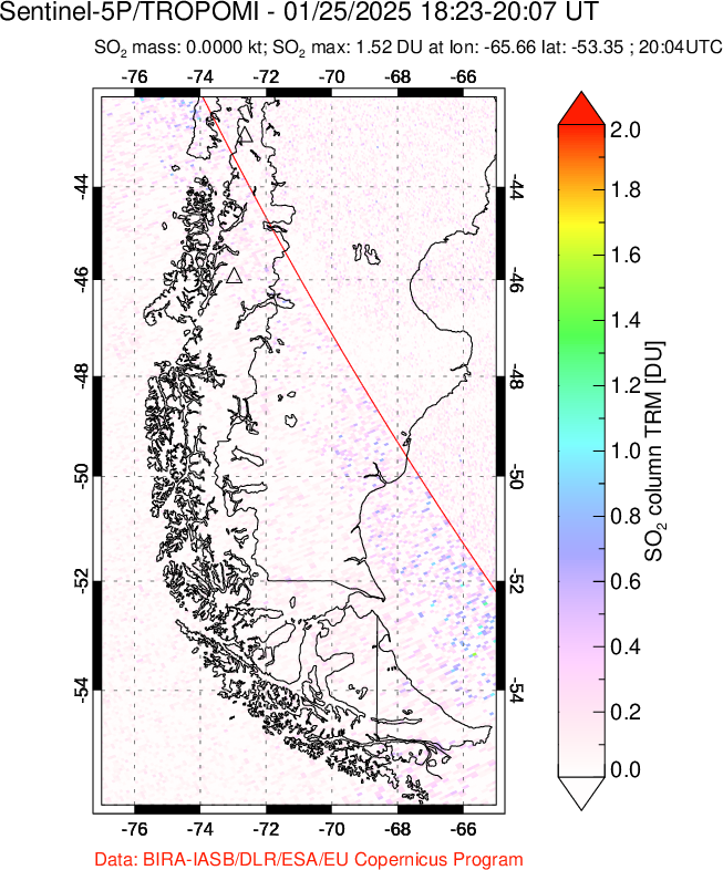 A sulfur dioxide image over Southern Chile on Jan 25, 2025.