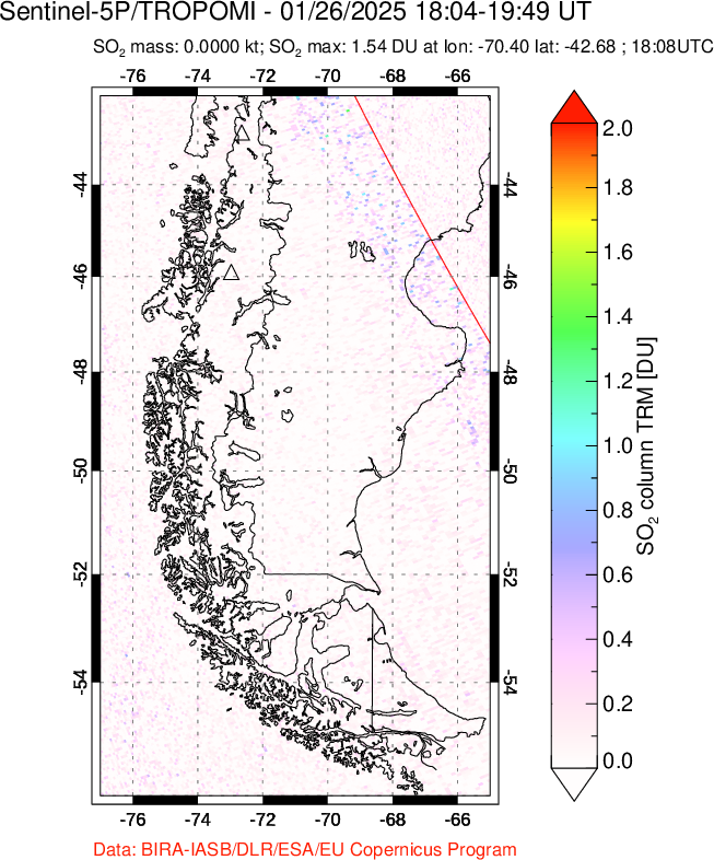 A sulfur dioxide image over Southern Chile on Jan 26, 2025.