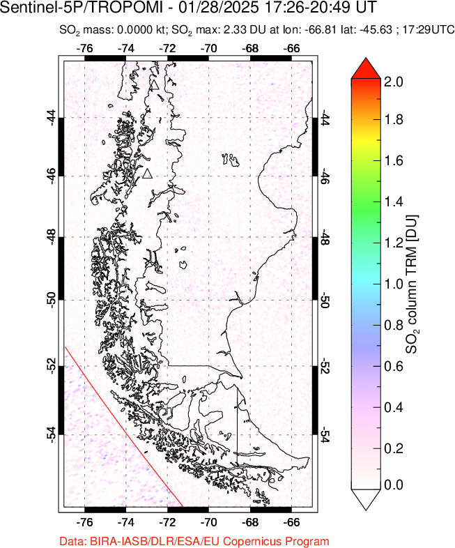 A sulfur dioxide image over Southern Chile on Jan 28, 2025.