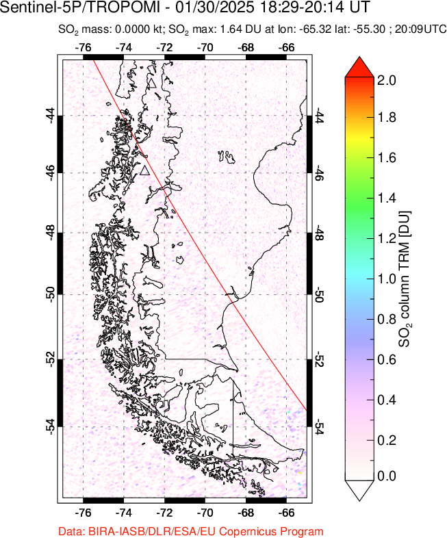 A sulfur dioxide image over Southern Chile on Jan 30, 2025.