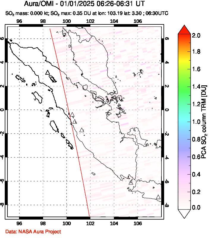 A sulfur dioxide image over Sumatra, Indonesia on Jan 01, 2025.