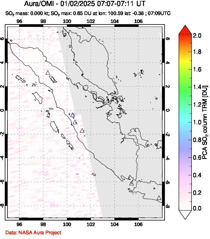 A sulfur dioxide image over Sumatra, Indonesia on Jan 02, 2025.