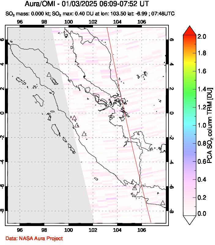 A sulfur dioxide image over Sumatra, Indonesia on Jan 03, 2025.