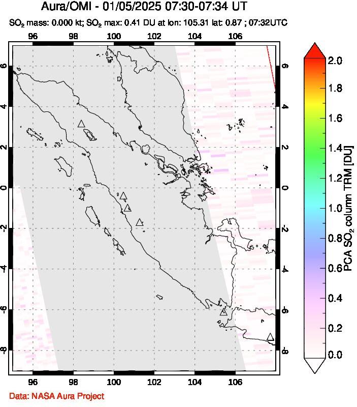 A sulfur dioxide image over Sumatra, Indonesia on Jan 05, 2025.