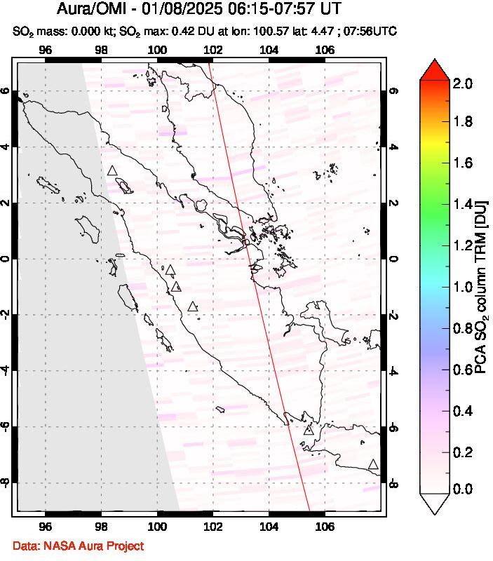 A sulfur dioxide image over Sumatra, Indonesia on Jan 08, 2025.