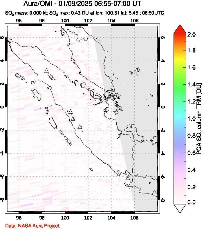 A sulfur dioxide image over Sumatra, Indonesia on Jan 09, 2025.