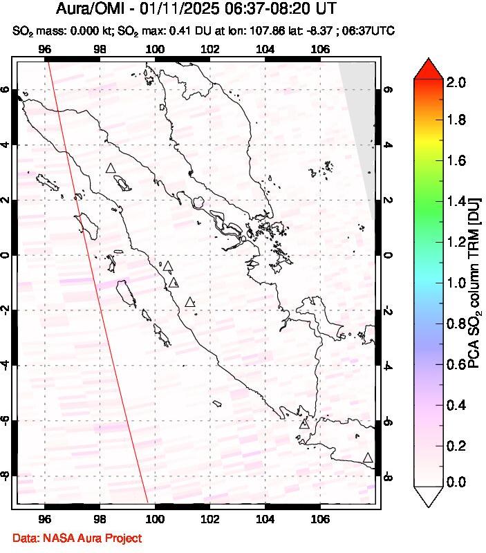 A sulfur dioxide image over Sumatra, Indonesia on Jan 11, 2025.