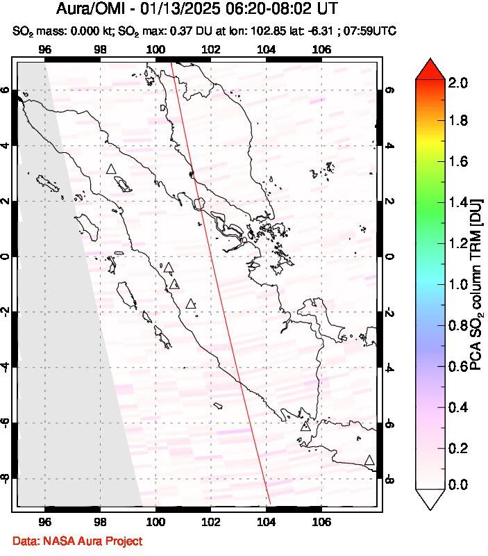 A sulfur dioxide image over Sumatra, Indonesia on Jan 13, 2025.