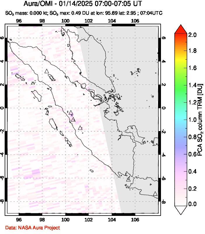 A sulfur dioxide image over Sumatra, Indonesia on Jan 14, 2025.