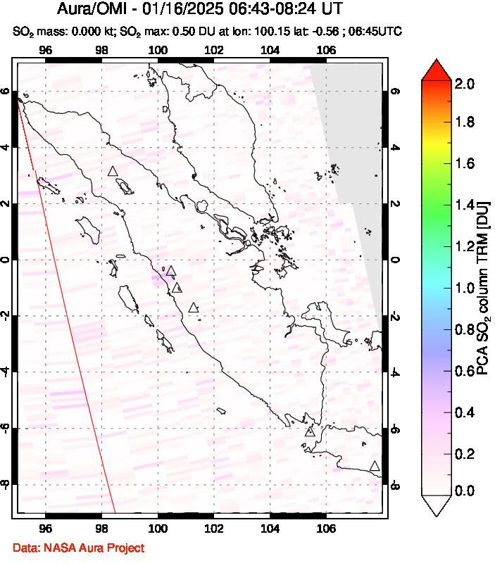 A sulfur dioxide image over Sumatra, Indonesia on Jan 16, 2025.