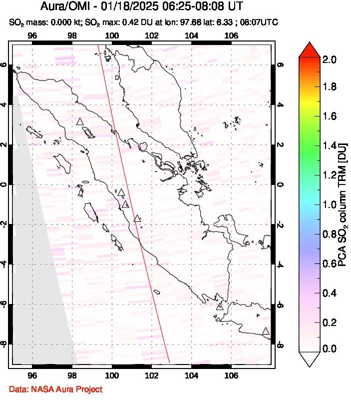 A sulfur dioxide image over Sumatra, Indonesia on Jan 18, 2025.