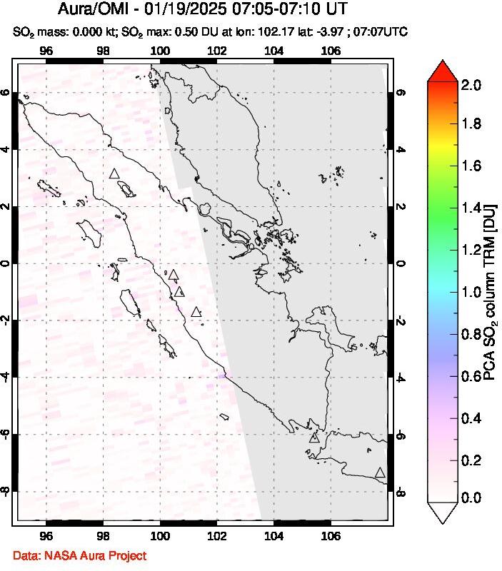 A sulfur dioxide image over Sumatra, Indonesia on Jan 19, 2025.