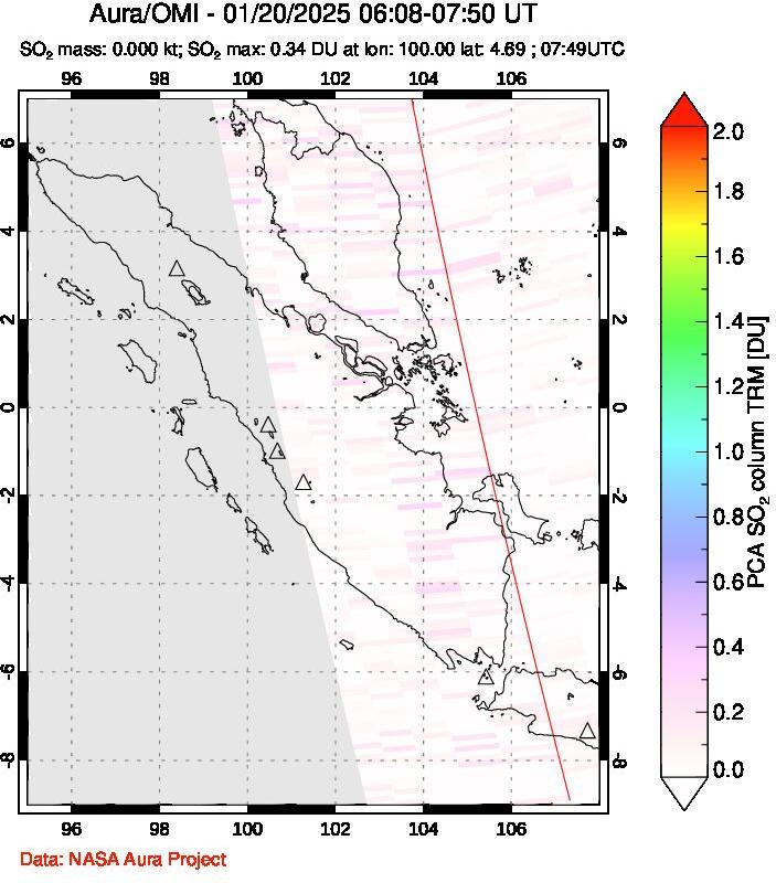 A sulfur dioxide image over Sumatra, Indonesia on Jan 20, 2025.