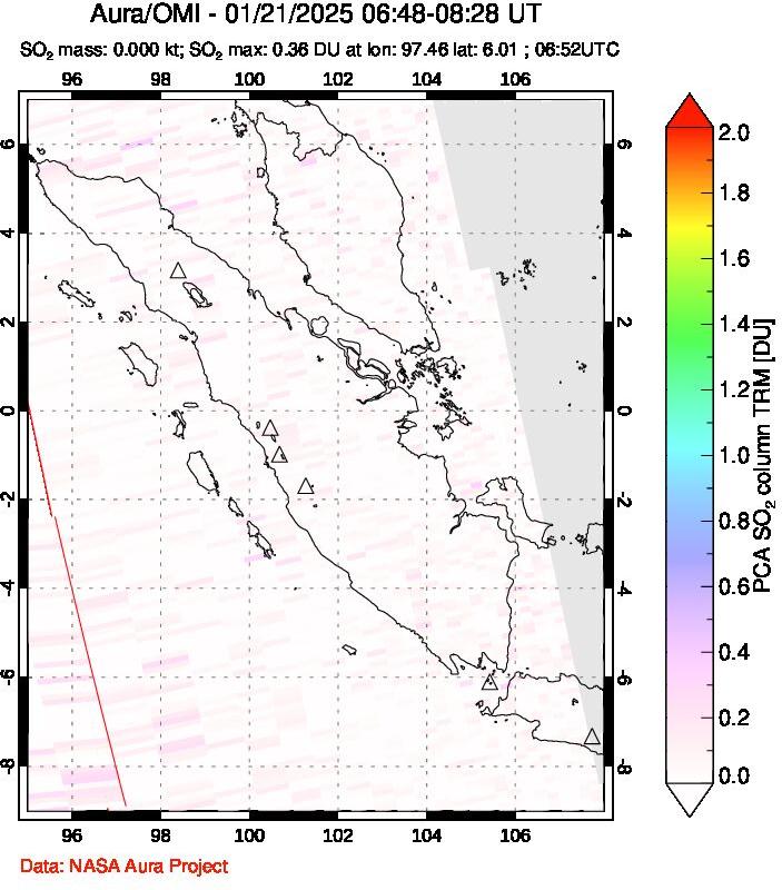 A sulfur dioxide image over Sumatra, Indonesia on Jan 21, 2025.