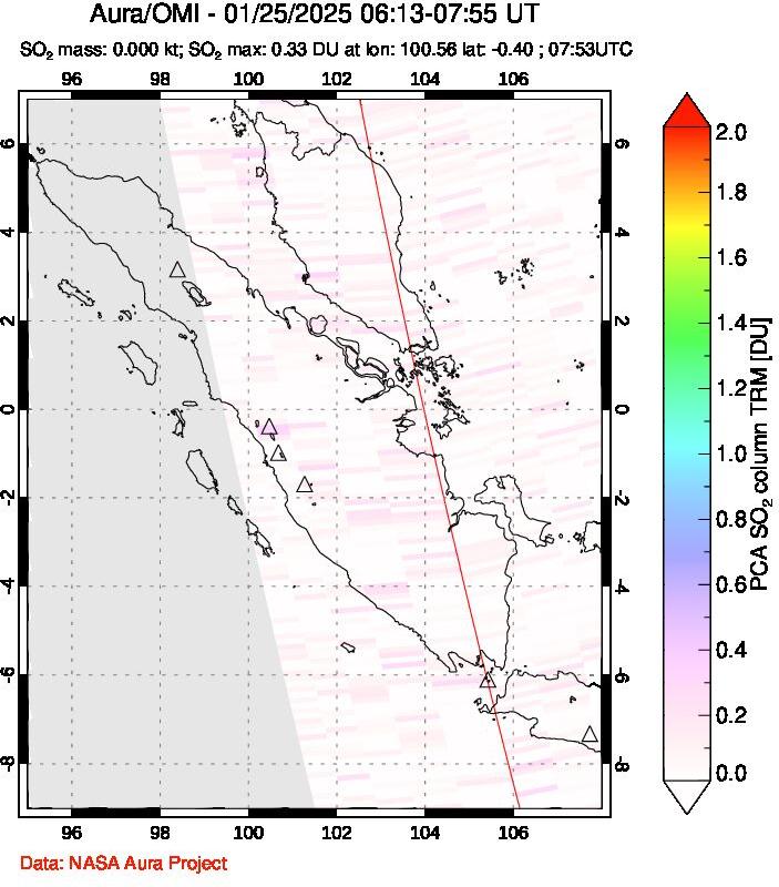 A sulfur dioxide image over Sumatra, Indonesia on Jan 25, 2025.