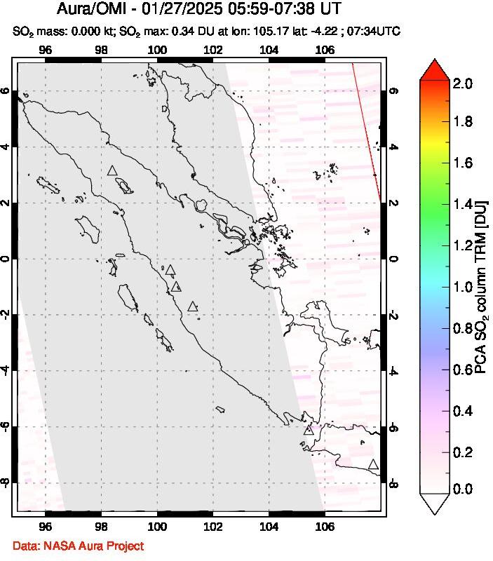 A sulfur dioxide image over Sumatra, Indonesia on Jan 27, 2025.