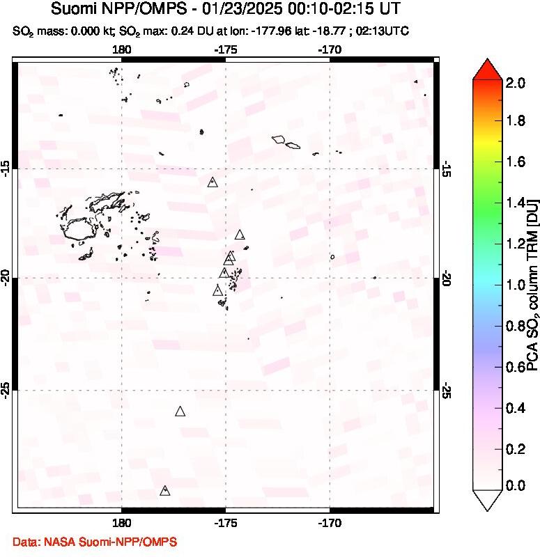 A sulfur dioxide image over Tonga, South Pacific on Jan 23, 2025.