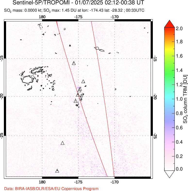 A sulfur dioxide image over Tonga, South Pacific on Jan 07, 2025.