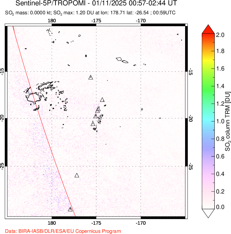 A sulfur dioxide image over Tonga, South Pacific on Jan 11, 2025.