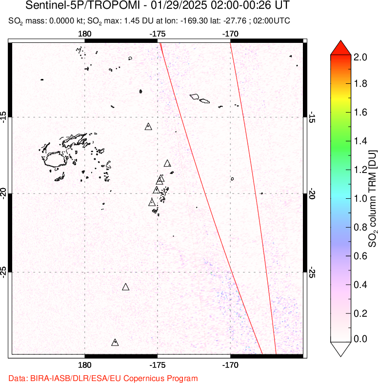 A sulfur dioxide image over Tonga, South Pacific on Jan 29, 2025.