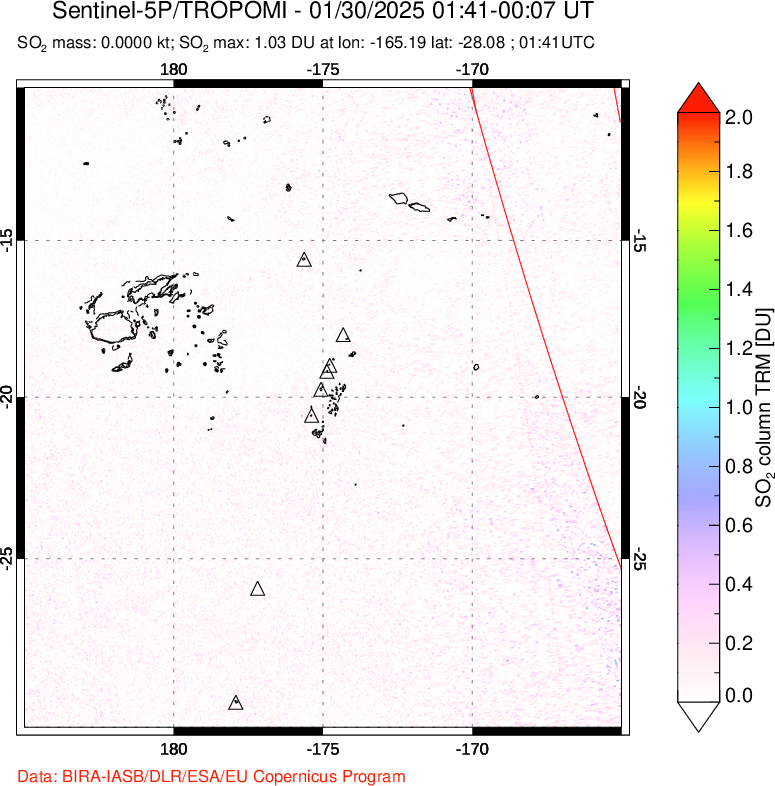 A sulfur dioxide image over Tonga, South Pacific on Jan 30, 2025.