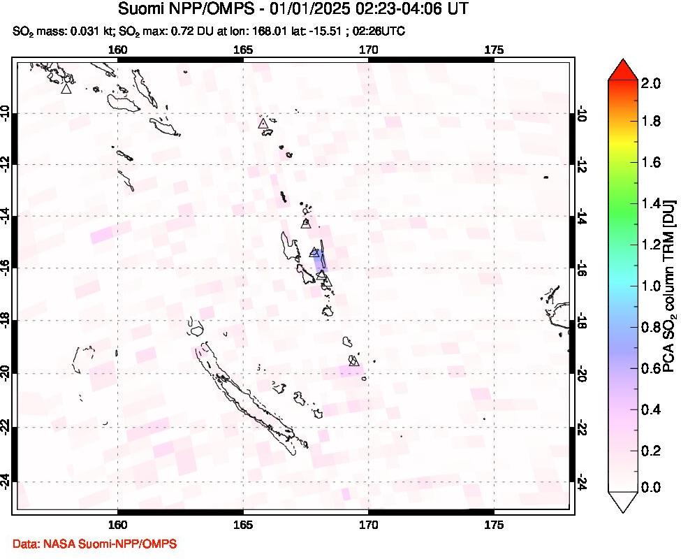 A sulfur dioxide image over Vanuatu, South Pacific on Jan 01, 2025.