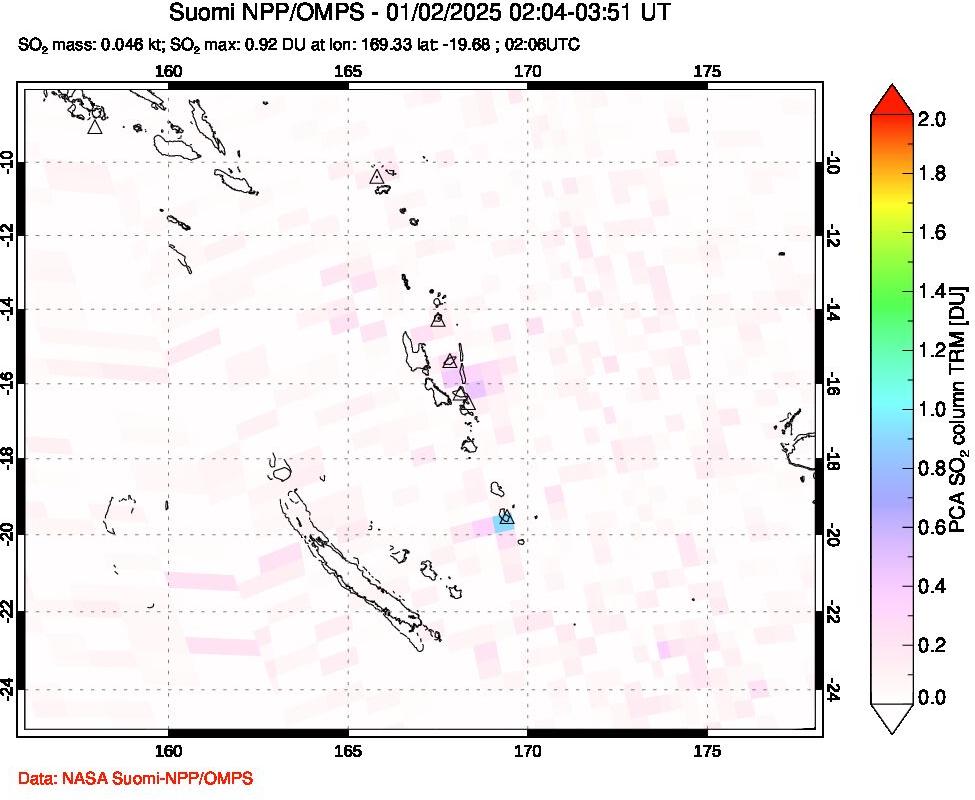 A sulfur dioxide image over Vanuatu, South Pacific on Jan 02, 2025.