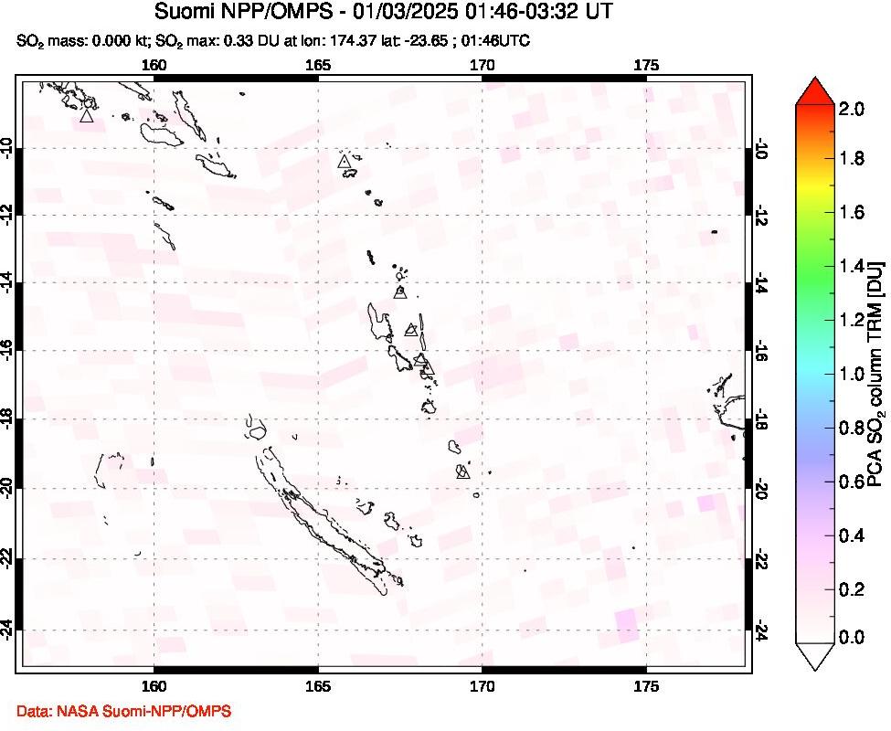 A sulfur dioxide image over Vanuatu, South Pacific on Jan 03, 2025.