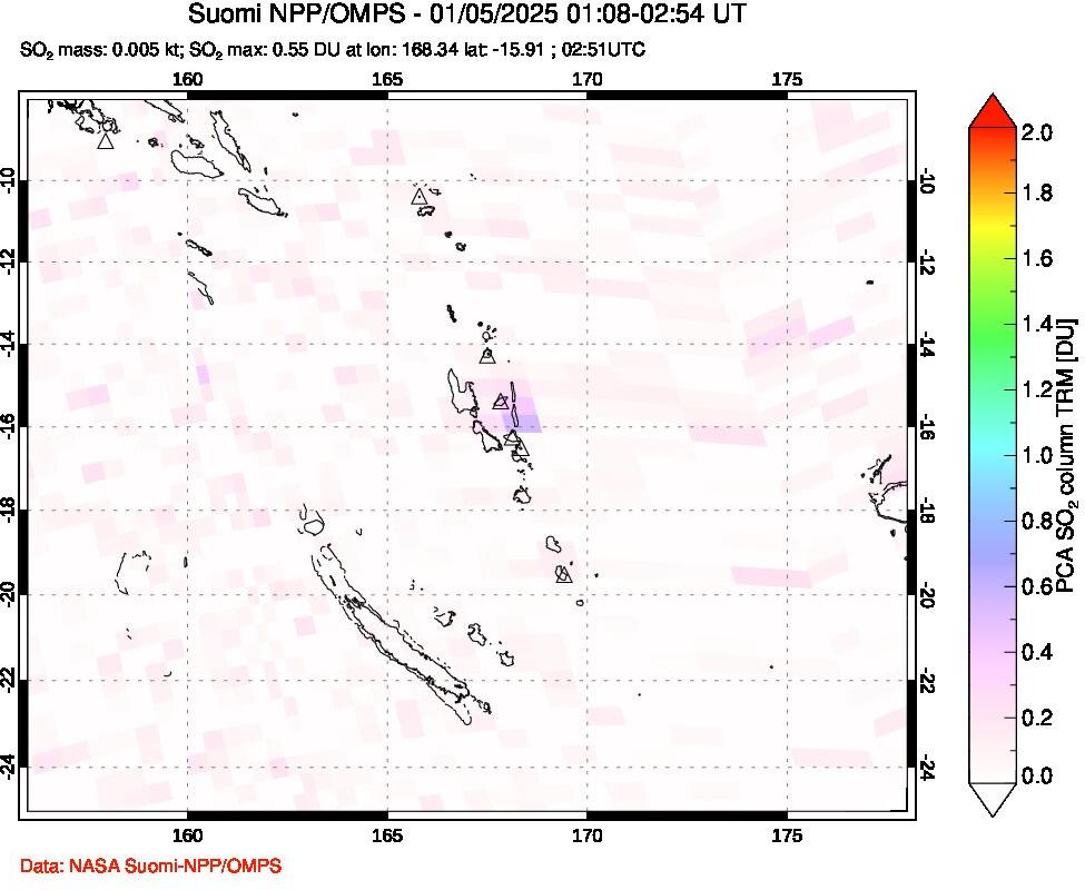 A sulfur dioxide image over Vanuatu, South Pacific on Jan 05, 2025.