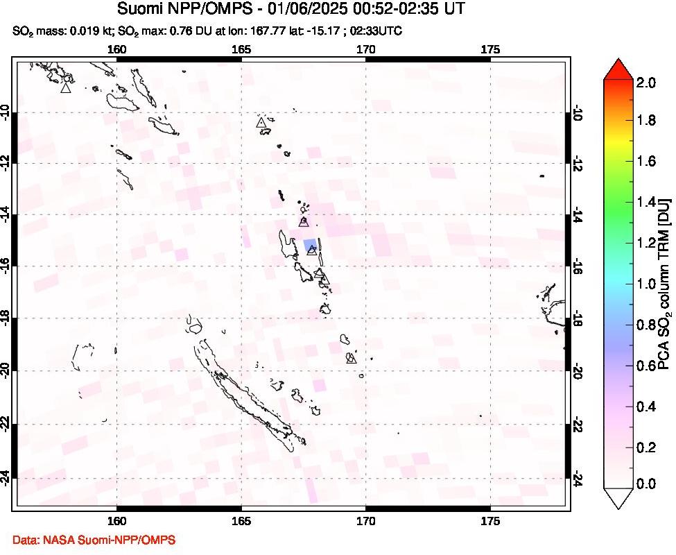 A sulfur dioxide image over Vanuatu, South Pacific on Jan 06, 2025.