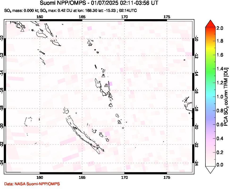 A sulfur dioxide image over Vanuatu, South Pacific on Jan 07, 2025.