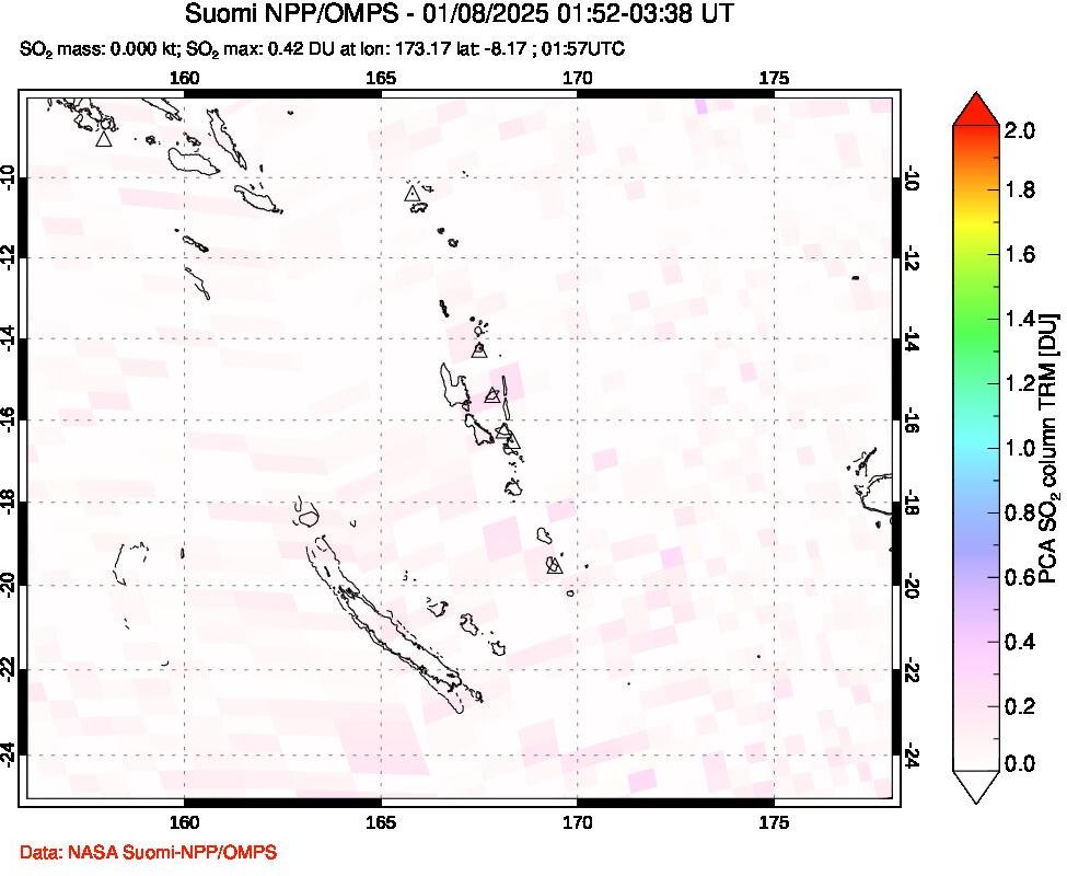 A sulfur dioxide image over Vanuatu, South Pacific on Jan 08, 2025.