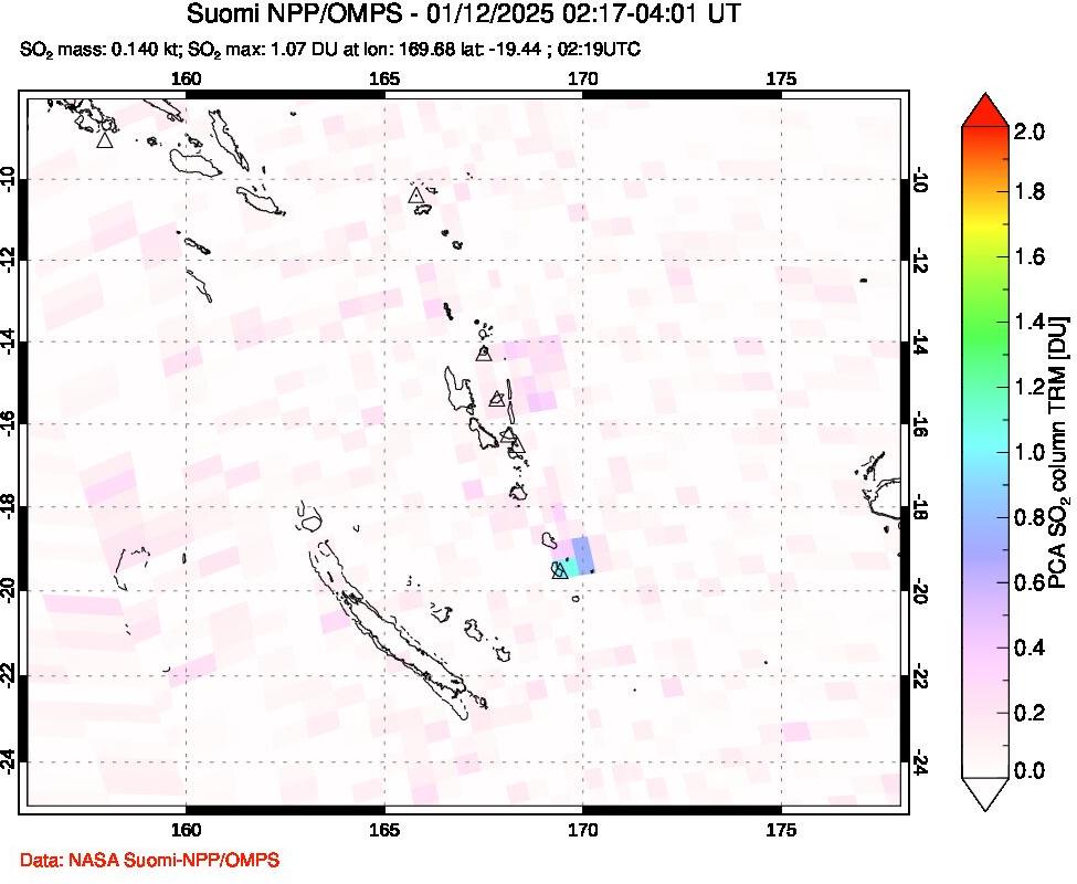 A sulfur dioxide image over Vanuatu, South Pacific on Jan 12, 2025.