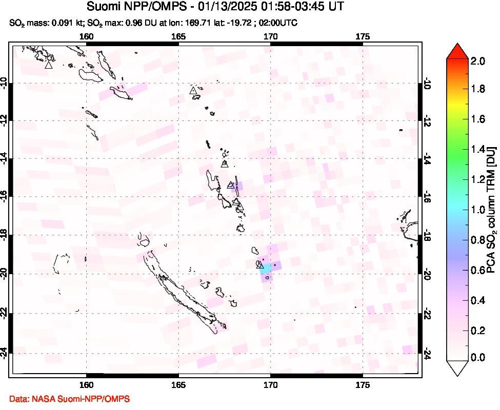 A sulfur dioxide image over Vanuatu, South Pacific on Jan 13, 2025.