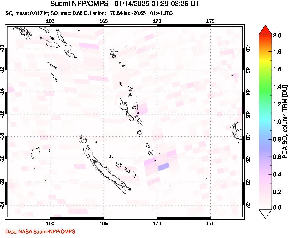 A sulfur dioxide image over Vanuatu, South Pacific on Jan 14, 2025.