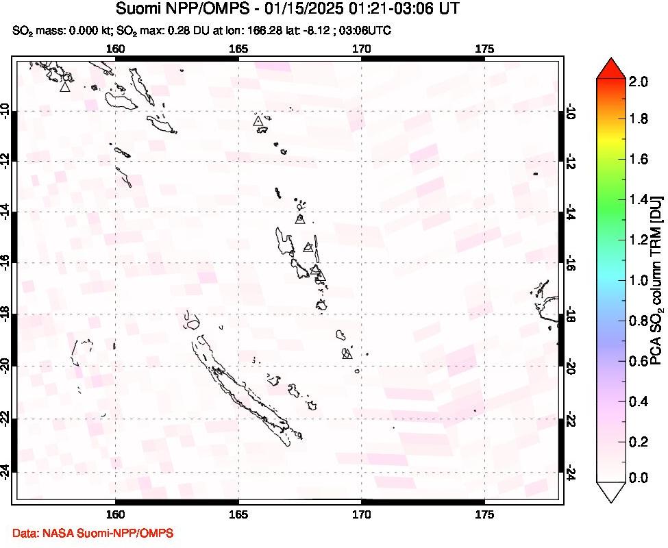 A sulfur dioxide image over Vanuatu, South Pacific on Jan 15, 2025.