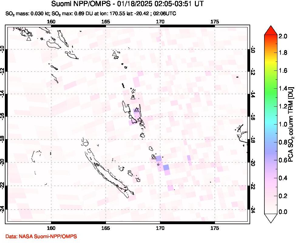 A sulfur dioxide image over Vanuatu, South Pacific on Jan 18, 2025.