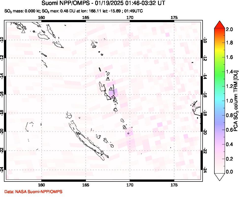 A sulfur dioxide image over Vanuatu, South Pacific on Jan 19, 2025.