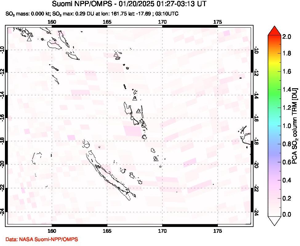 A sulfur dioxide image over Vanuatu, South Pacific on Jan 20, 2025.