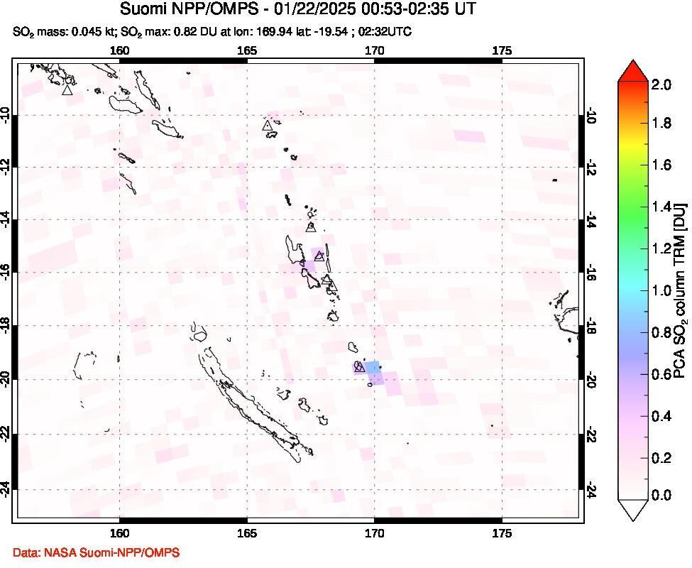 A sulfur dioxide image over Vanuatu, South Pacific on Jan 22, 2025.